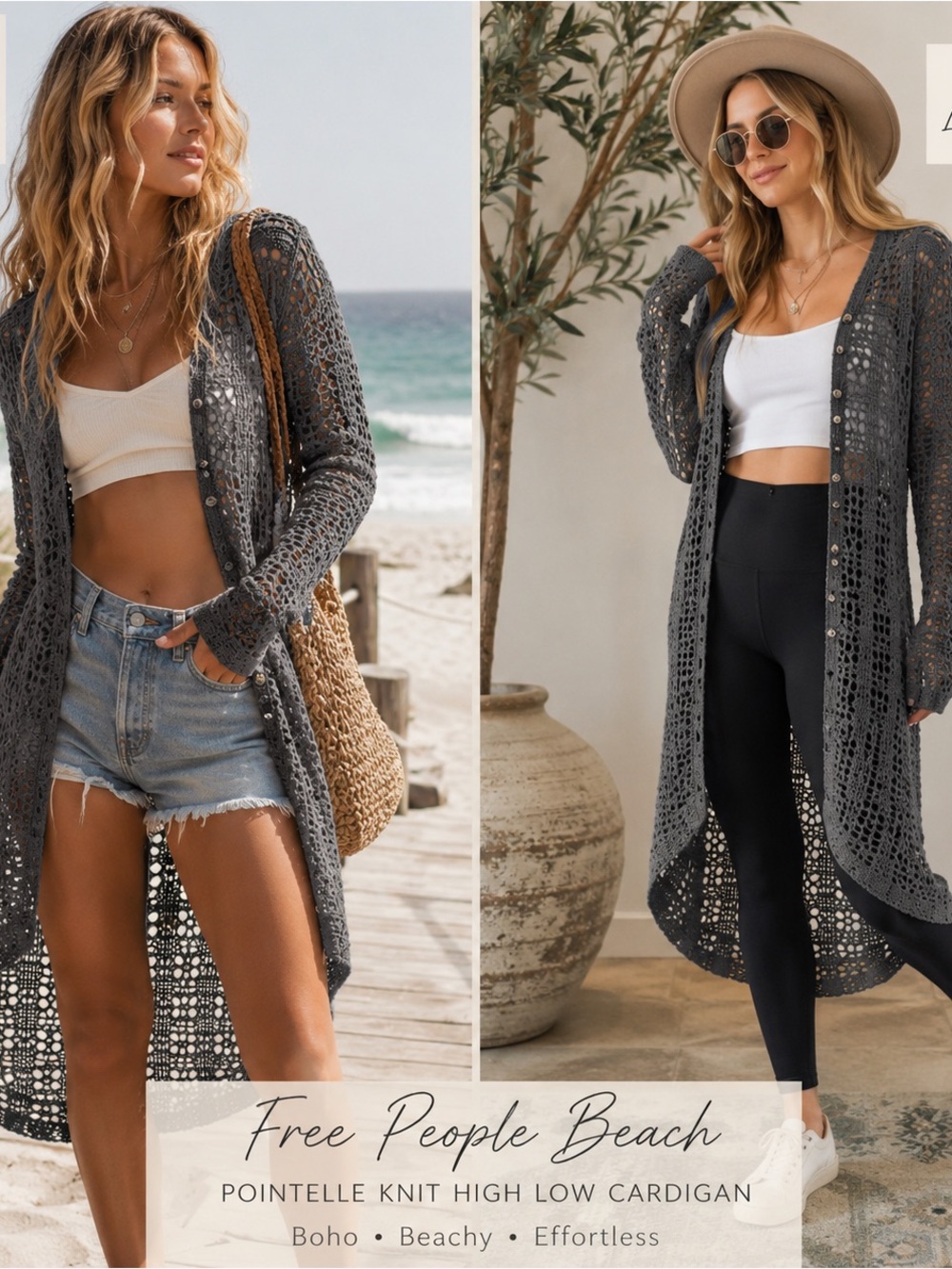Free People Beach Pointelle Knit High-Low Cardigan Cover-Up Gray XS